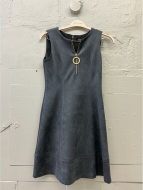 DKNY Sleeveless Grey Faux Suede Fit & Flare Dress with Gold Accent Zipper